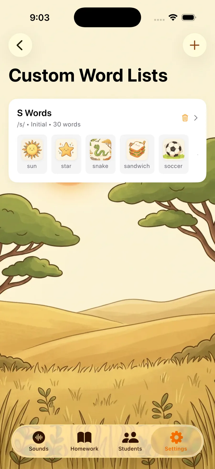A custom word list in the app