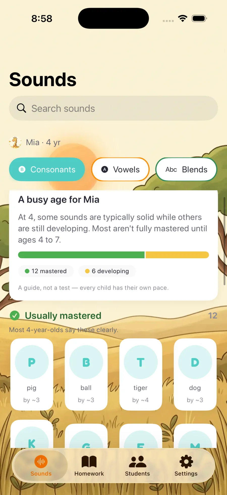 The parent Sounds dashboard — Mia, age 4, with developmental guidance