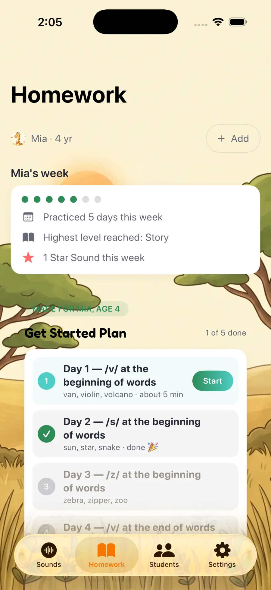A day-by-day starter plan in the Homework tab