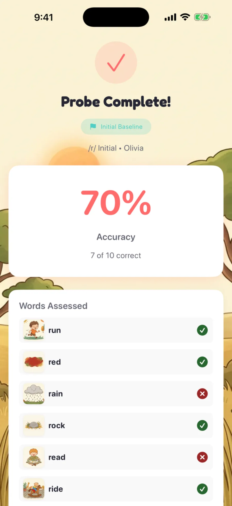 Probe results screen showing a baseline accuracy of 70% with a per-word breakdown