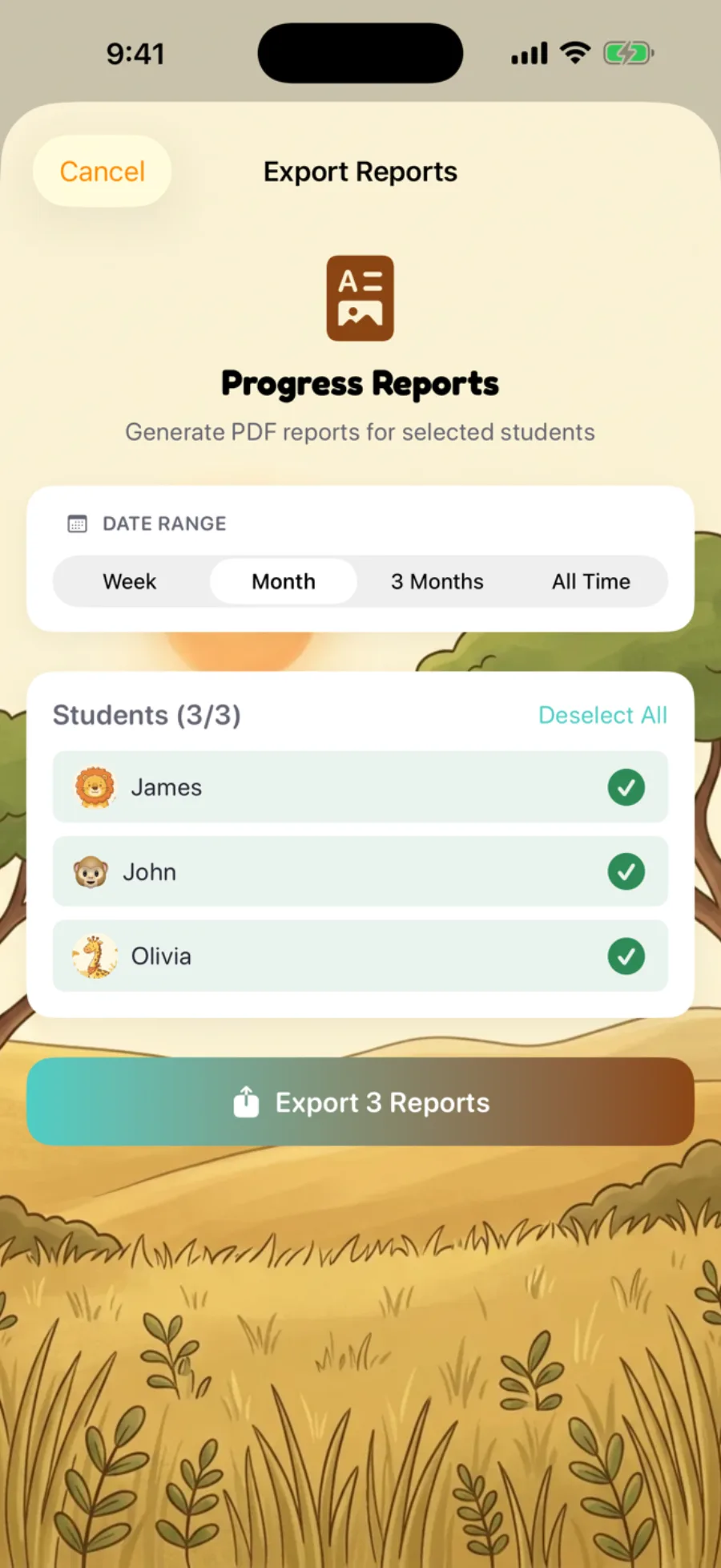 Export Reports screen generating PDF speech therapy progress reports for selected students ahead of an IEP meeting