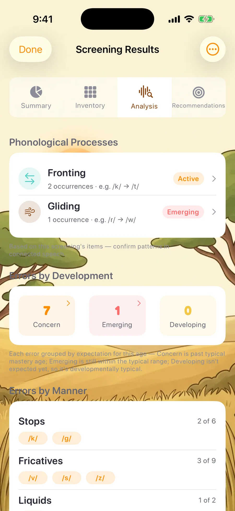 Sound Safari's Analysis tab showing detected articulation-screening error patterns — phonological processes like Fronting and Gliding, with errors-by-manner and errors-by-place breakdowns.