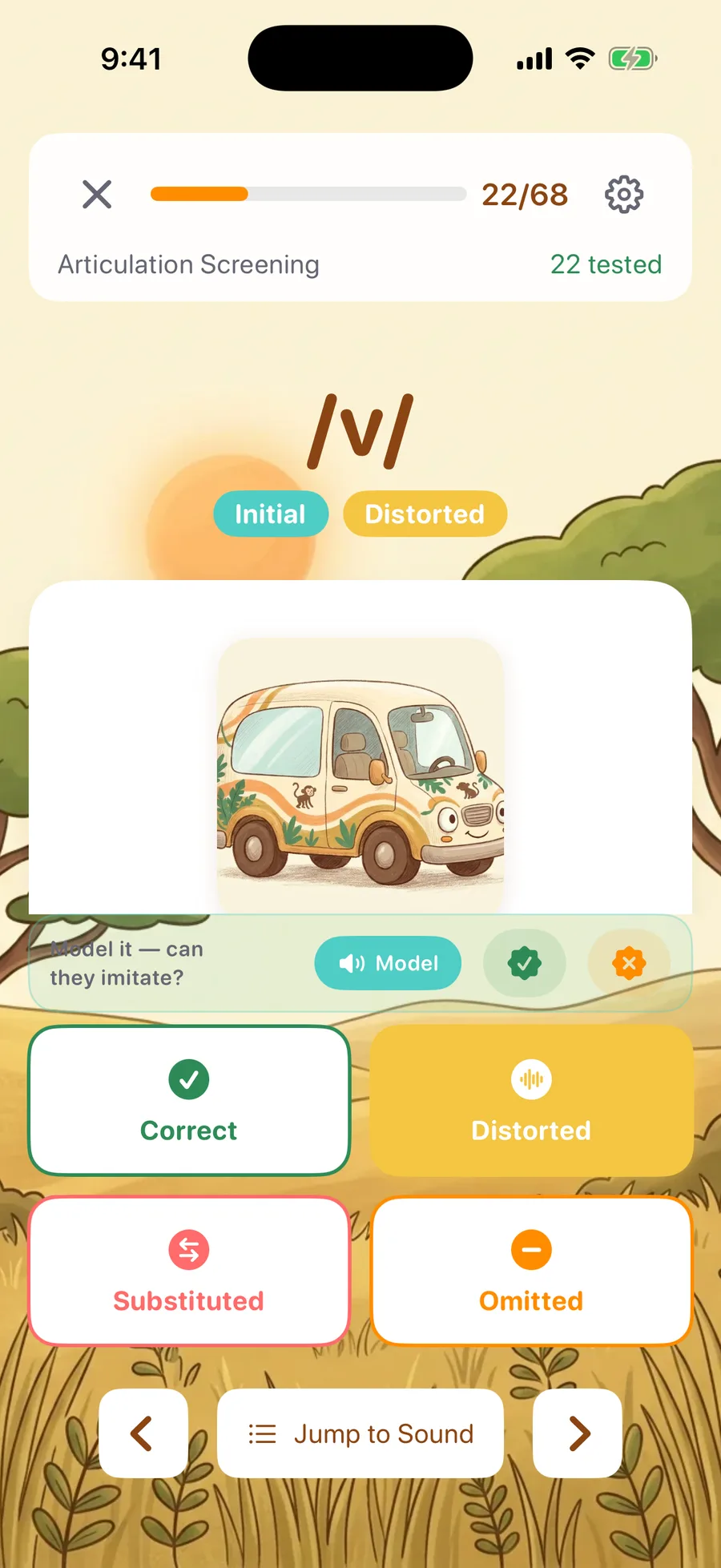 A live articulation-screening item in Sound Safari with the stimulability probe open over the word card — Model, Stimulable, and Not Stimulable controls sitting above the scoring buttons.