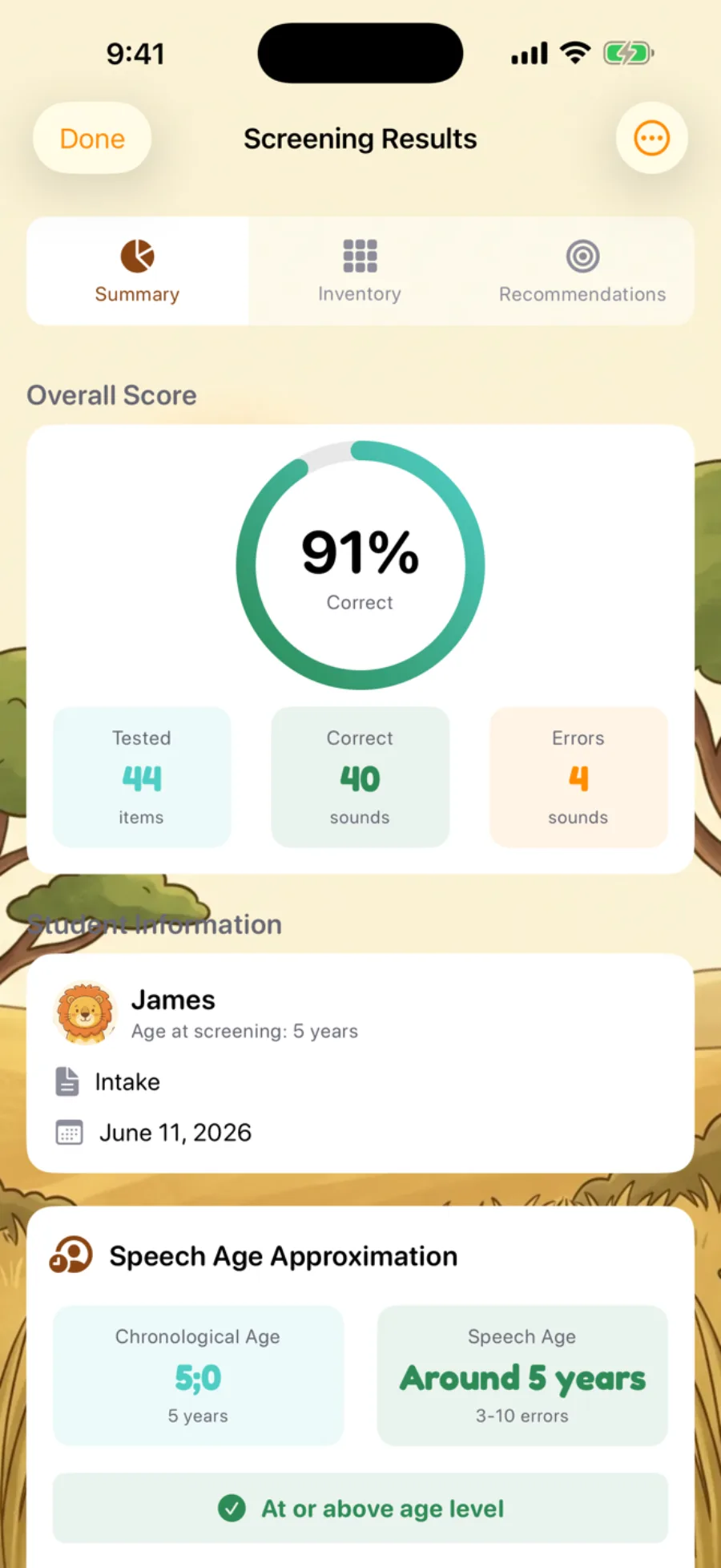 Articulation screener results